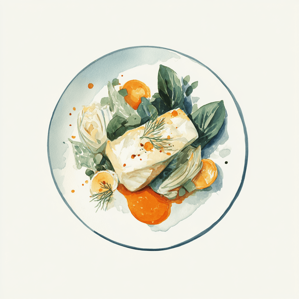 2 - 12P FILET DE COLIN, SAUCE AU VIN BLANC, BROCOLI ET AUBERGINES GRILLES, POLENTA AUX HERBES