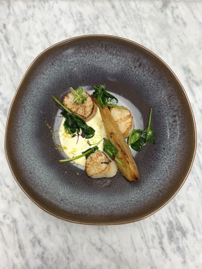 NOIX DE ST JACQUES / SAUCE VIN BLANC ET CIBOULETTE / JEUNES POUSSES EPINARD ET CHOU FLEUR